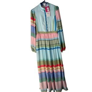 NWT Mulla Hannah Dress M Multi Color Striped Maxi Long Sleeve Button Preppy